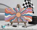 retro sun vanity plate on display stand — warm peach cream mauve aluminum license plate
