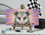 possum portrait vanity plate on display stand — soft pink lavender pastel animal aluminum plate