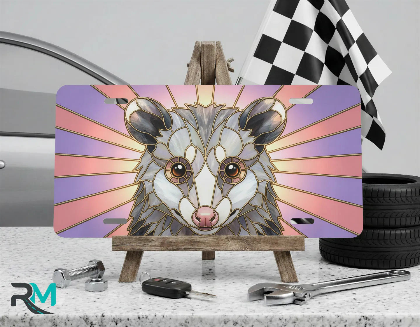 possum portrait vanity plate on display stand — soft pink lavender pastel animal aluminum plate
