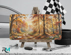 fall forest vanity plate on display stand — amber burnt orange woodland path license plate