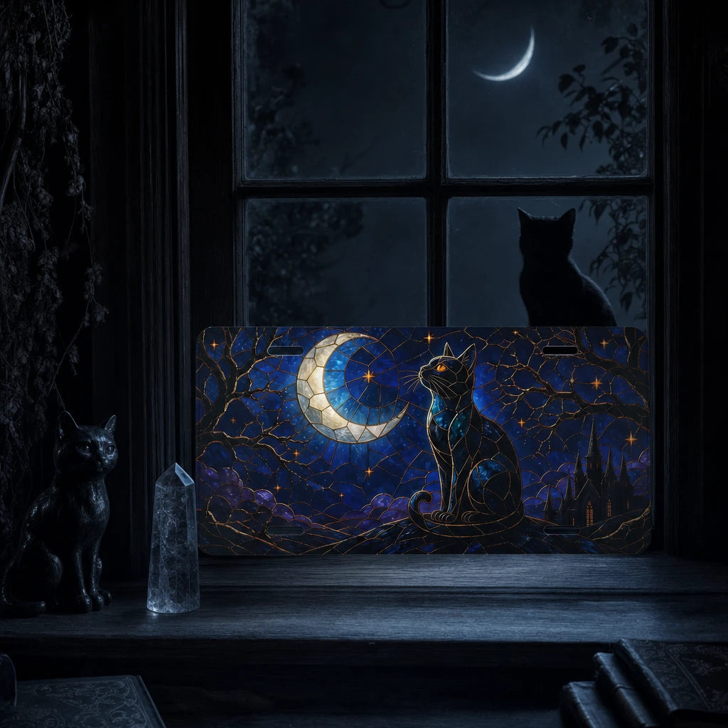 Moonlit Black Cat Crescent Moon Vanity Plate