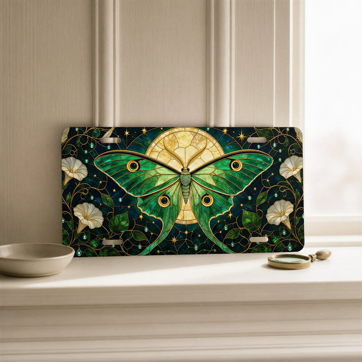 Green Luna Moth Stained Glass Vanity Plate