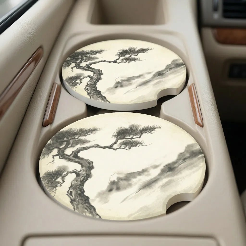 Sumi-e Pine and Mount Fuji Car Coasters Set - Road Muse
