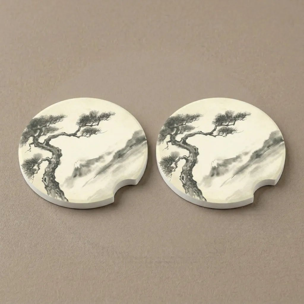Sumi-e Pine and Mount Fuji Car Coasters Set - Road Muse