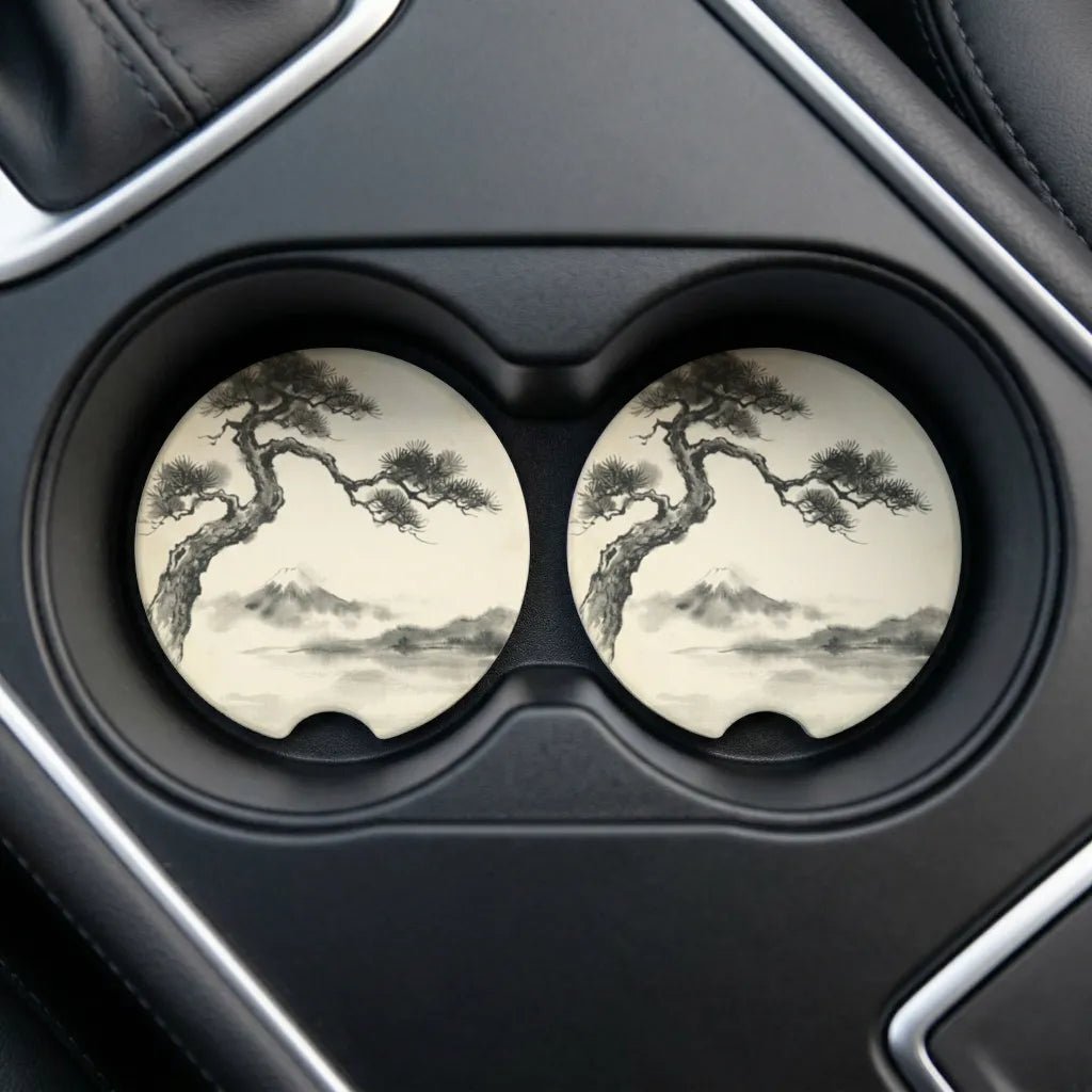 Sumi-e Pine and Mount Fuji Car Coasters Set - Road Muse