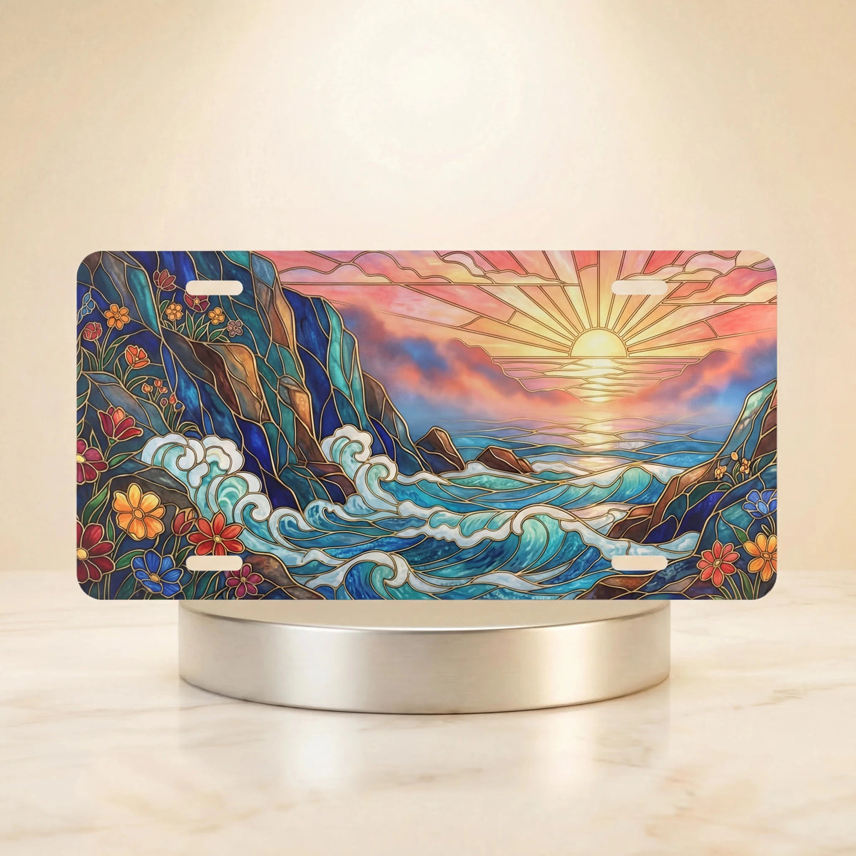 Sunset Ocean Waves Coastal Vanity Plate - Road Muse