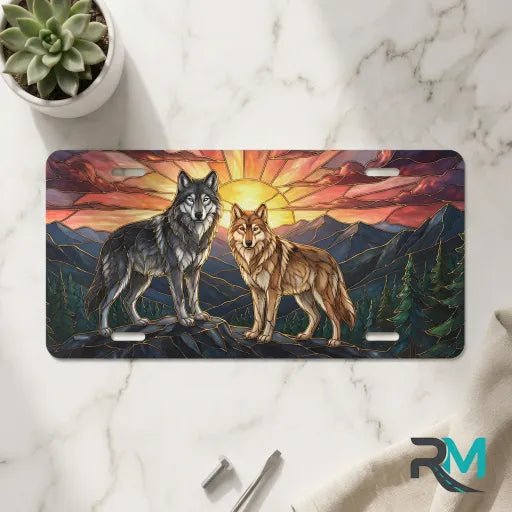 Sunset Wolves Mountain Vanity Plate - Road Muse