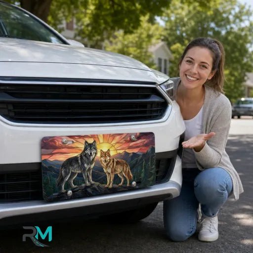 Sunset Wolves Mountain Vanity Plate - Road Muse