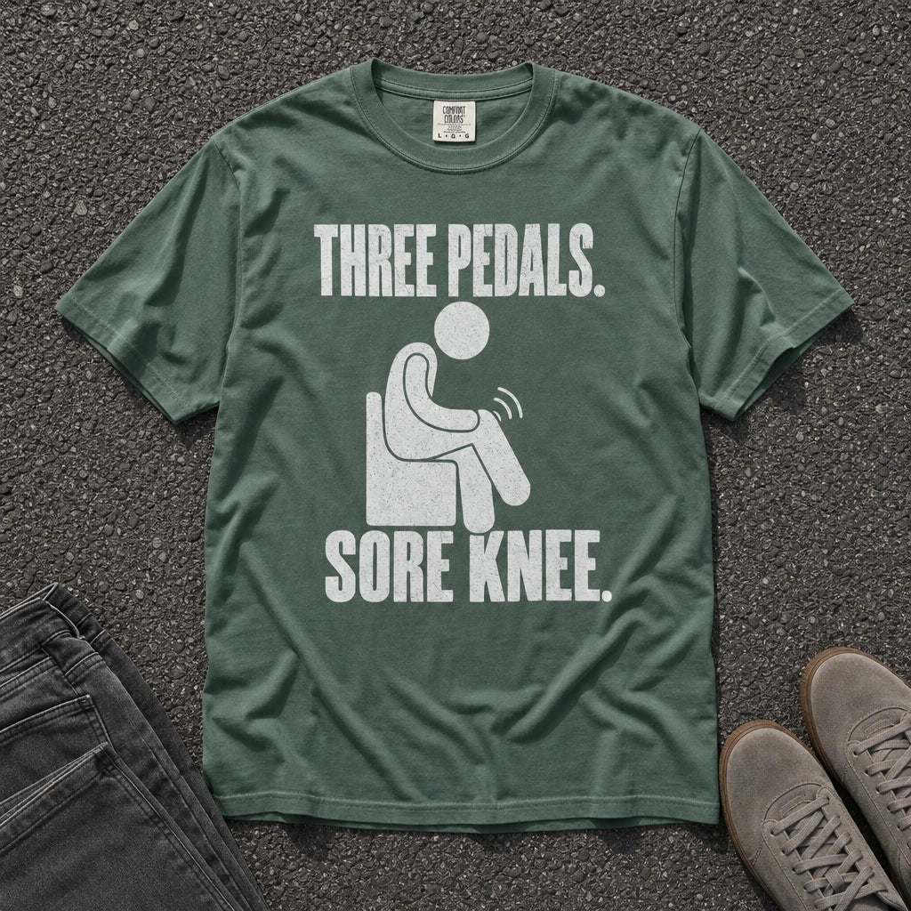 Three Pedals Sore Knee Driving Joke Tee - Road Muse