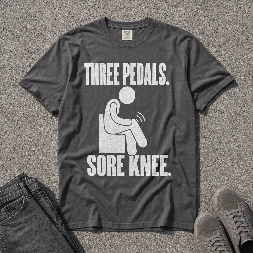 Three Pedals Sore Knee Driving Joke Tee - Road Muse