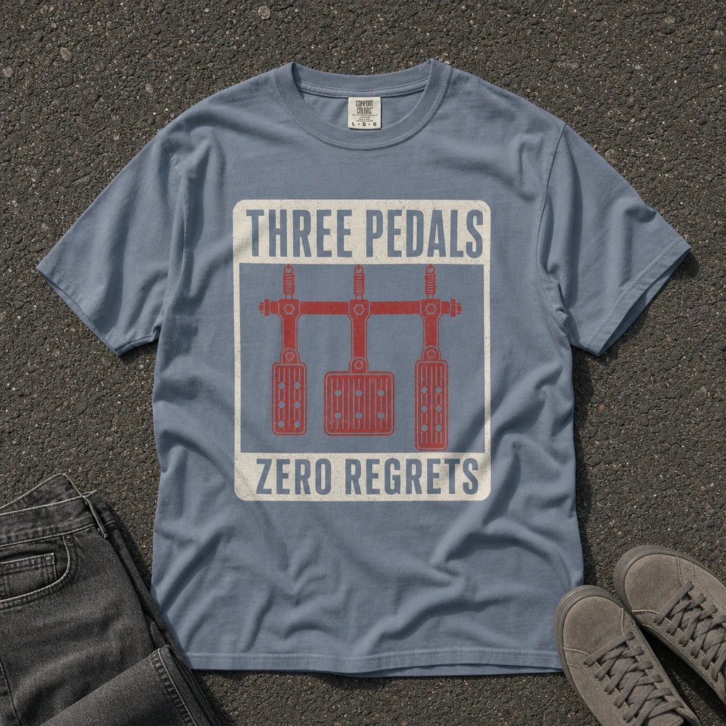 Three Pedals Zero Regrets Vintage Car Tee - Road Muse