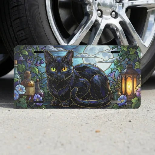 black cat stained glass vanity plate on tire — jewel tone moonlit cat front license plate