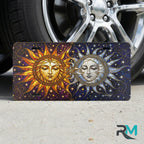 sun moon vanity plate on tire — golden sun silver moon celestial front license plate