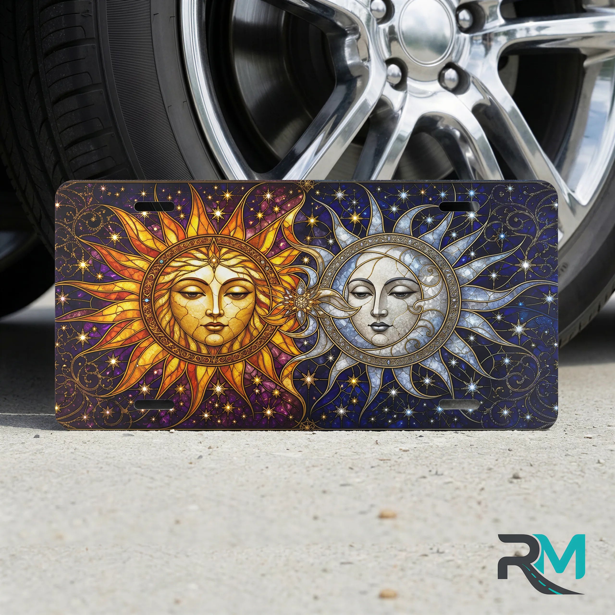 sun moon vanity plate on tire — golden sun silver moon celestial front license plate