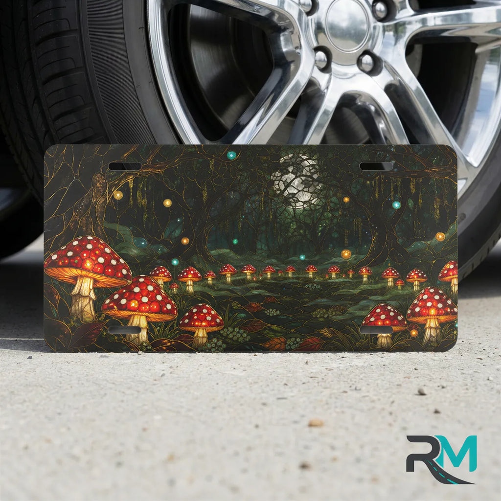 enchanted mushroom forest vanity plate on tire — glowing toadstool firefly moonlit license plate