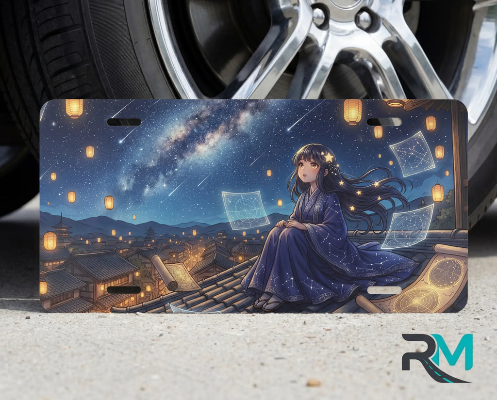 starry night girl rooftop vanity plate on tire — deep blue night anime illustration license plate