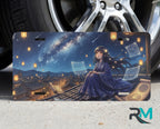 starry night girl rooftop vanity plate on tire — deep blue night anime illustration license plate