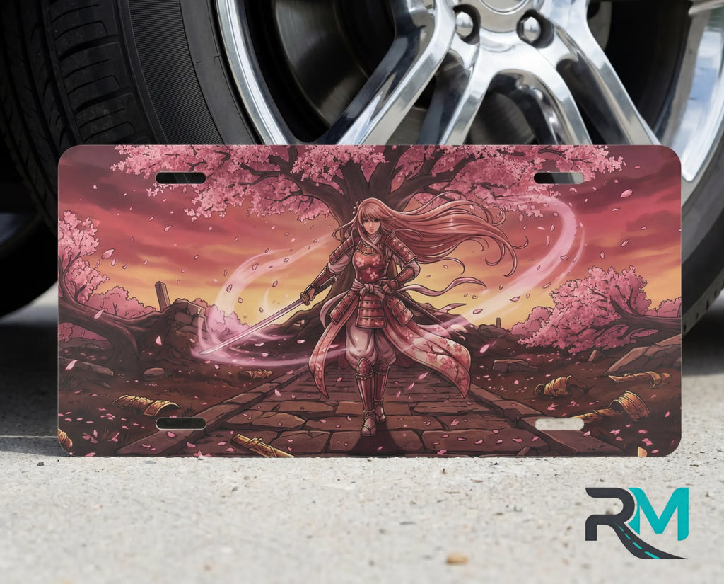samurai girl cherry blossom vanity plate on tire — warm sunset pink sakura anime front license plate