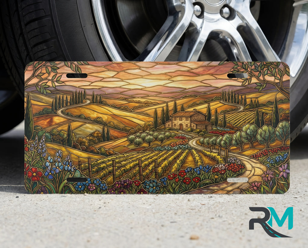 tuscan vineyard landscape vanity plate on tire — warm amber cypress countryside scenic license plate