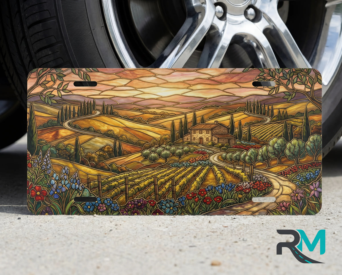 tuscan vineyard landscape vanity plate on tire — warm amber cypress countryside scenic license plate