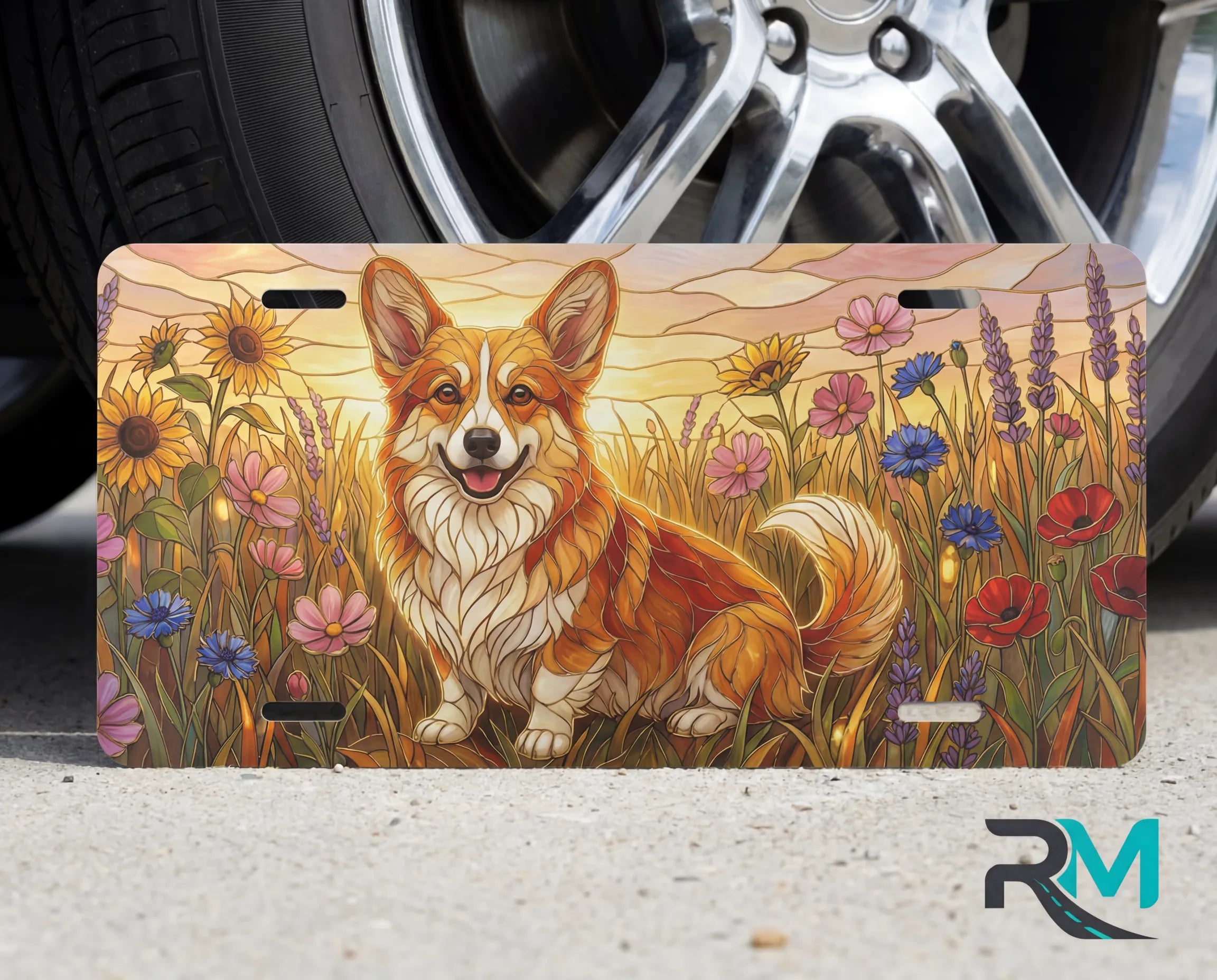 corgi wildflower vanity plate on tire — soft gold pink corgi wildflower front license plate