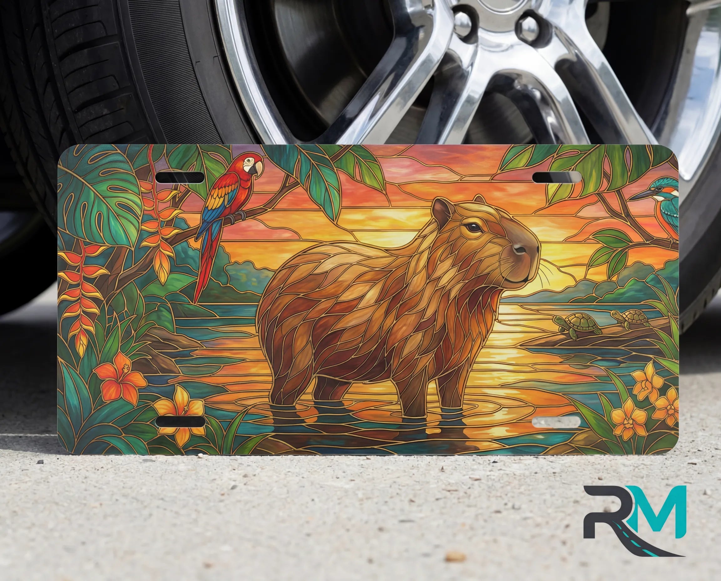 capybara sunset vanity plate on tire — golden capybara wetland tropical front license plate