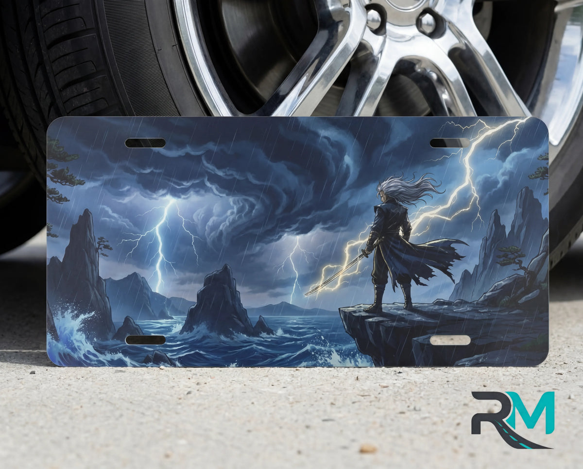 storm sorcerer lightning mage vanity plate on tire — electric blue storm anime front license plate