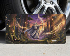 forest wizard magic vanity plate on tire — deep purple gold wizard fantasy anime front license plate