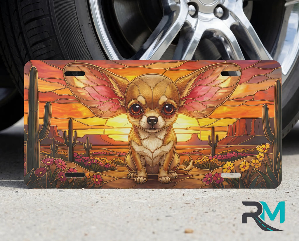 chihuahua desert vanity plate on tire — golden chihuahua desert sunset front license plate