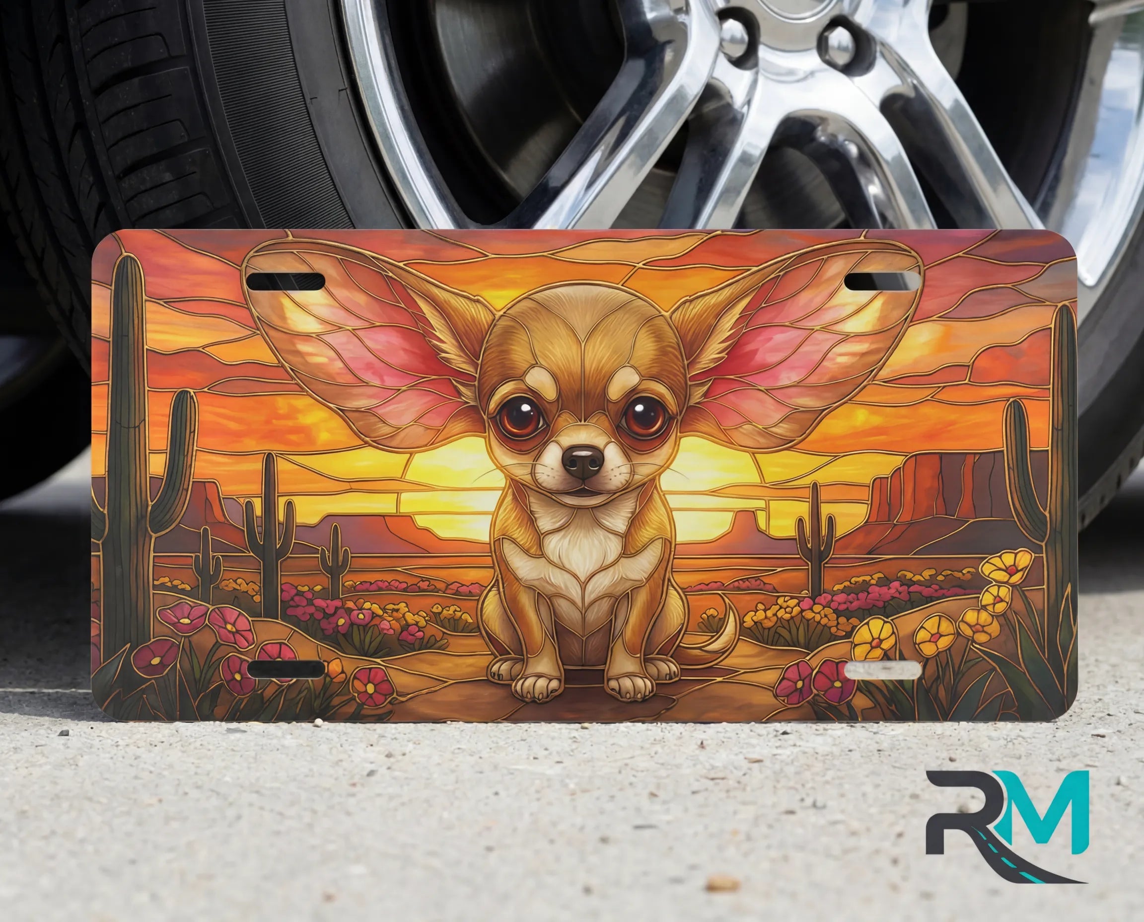 chihuahua desert vanity plate on tire — golden chihuahua desert sunset front license plate