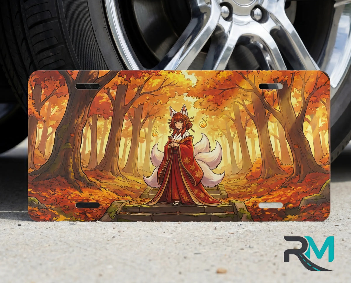 autumn fox spirit fall forest vanity plate on tire — warm red gold kitsune anime front license plate