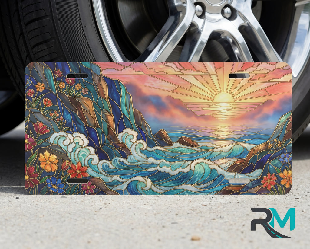sunset ocean waves coastal vanity plate on tire — warm gold jewel teal sunrise ocean scenic license plate