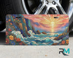 sunset ocean waves coastal vanity plate on tire — warm gold jewel teal sunrise ocean scenic license plate