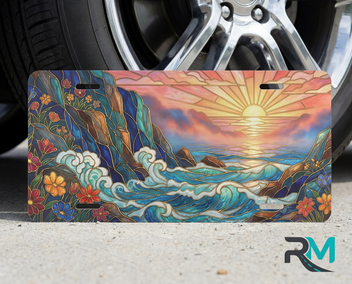 sunset ocean waves coastal vanity plate on tire — warm gold jewel teal sunrise ocean scenic license plate