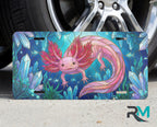 stained glass animal vanity plate on tire — vivid jewel tone wildlife front license plate