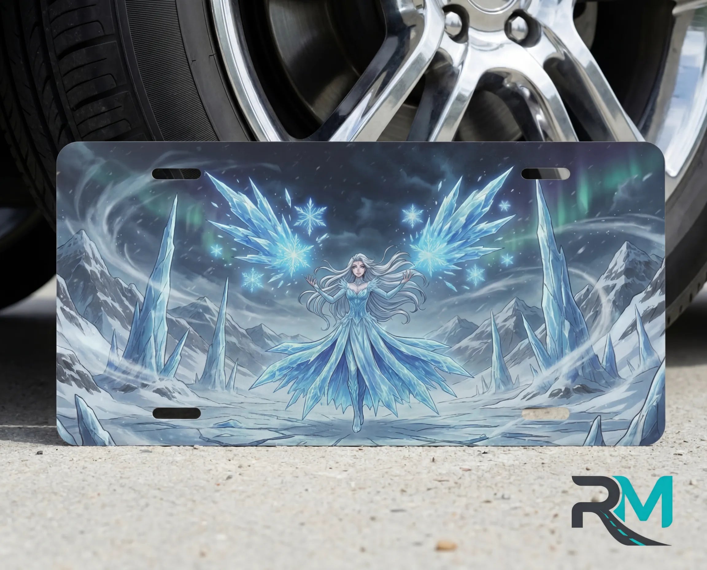 ice sorceress frost fairy vanity plate on tire — luminous ice blue winter fantasy front license plate