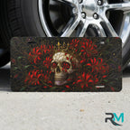 skull crown vanity plate on tire — jewel red crowned skull chrysanthemum front license plate