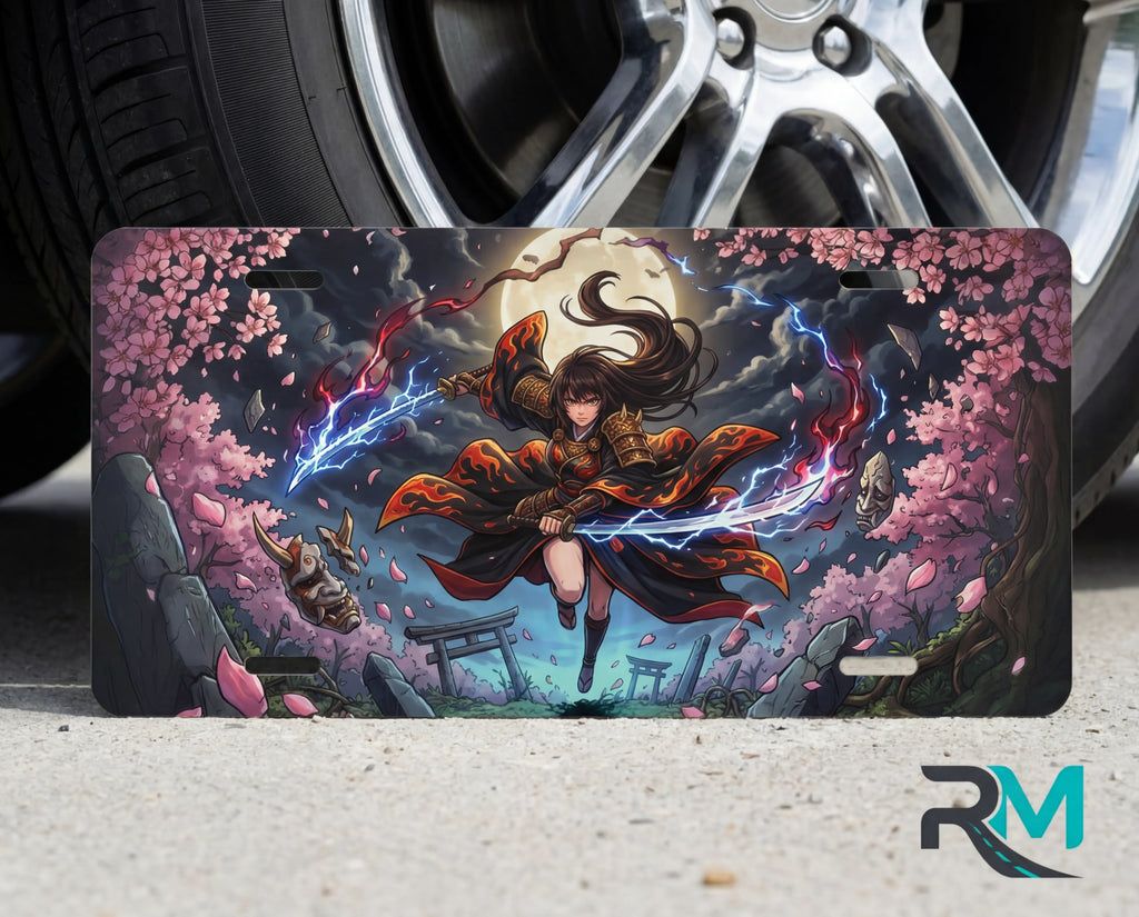 moonlit duel samurai girl vanity plate on tire — electric blue arcane heroine sakura anime front license plate