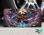 moonlit duel samurai girl vanity plate on tire — electric blue arcane heroine sakura anime front license plate