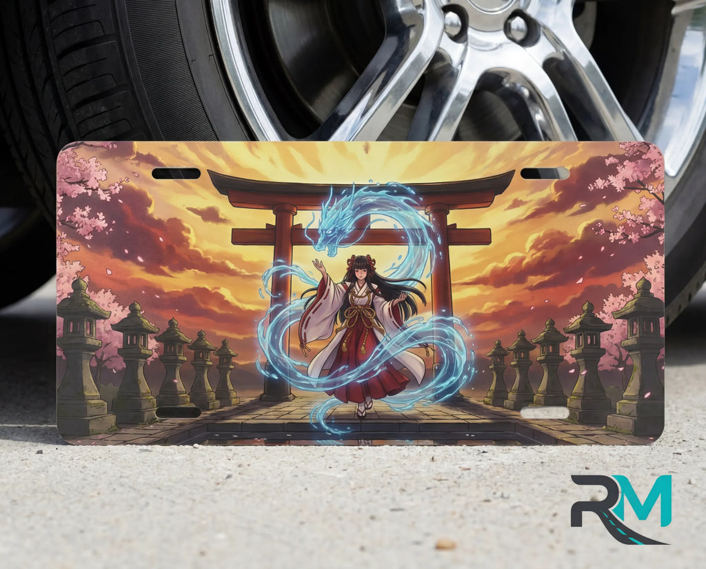 spirit shrine torii gate vanity plate on tire — blazing sunset electric spirit anime front license plate