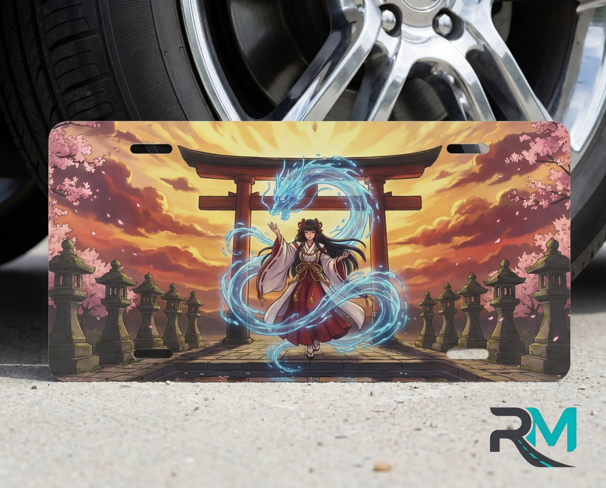 spirit shrine torii gate vanity plate on tire — blazing sunset electric spirit anime front license plate