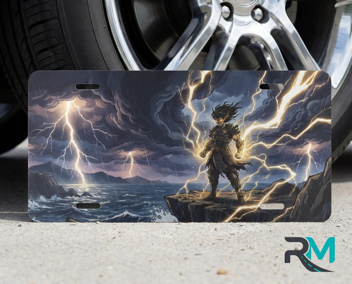 stormcaller lightning vanity plate on tire — electric blue gold lightning epic fantasy front license plate