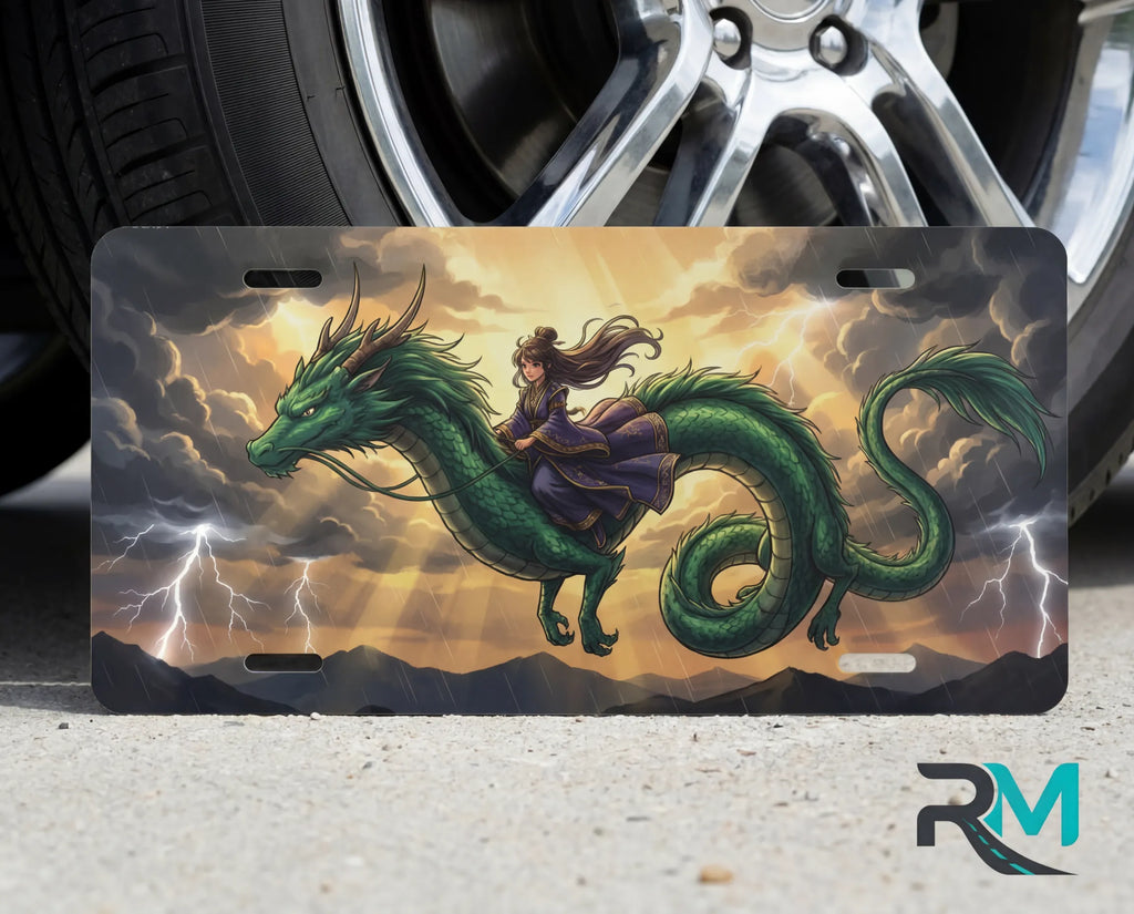 emerald dragon rider fantasy vanity plate on tire — rich emerald green dragon anime front license plate