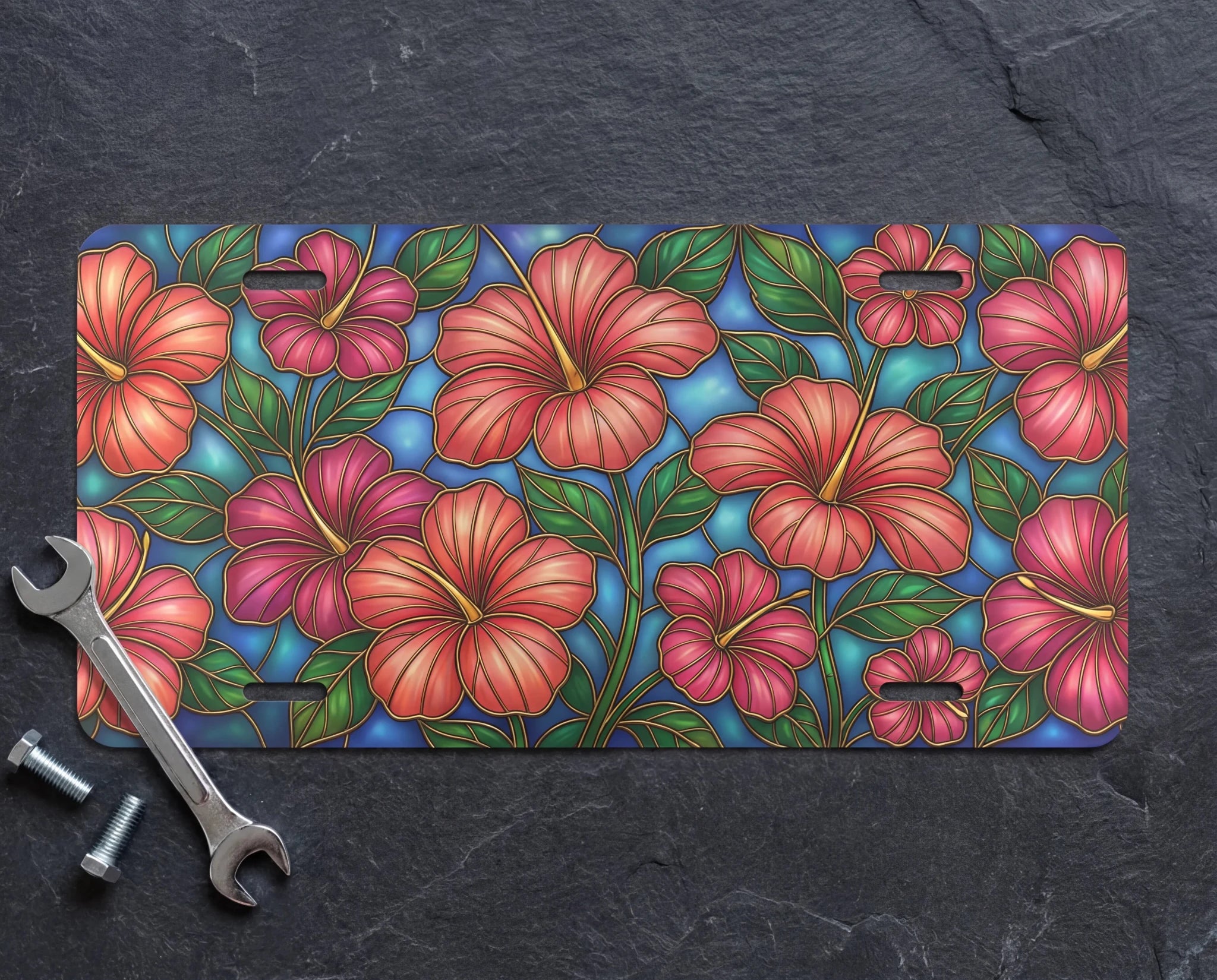 Tropical Hibiscus Pattern Vanity Plate - Road Muse