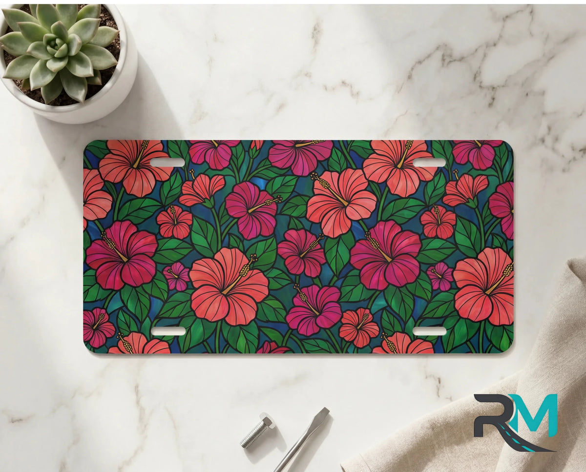 Tropical Hibiscus Pattern Vanity Plate - Road Muse