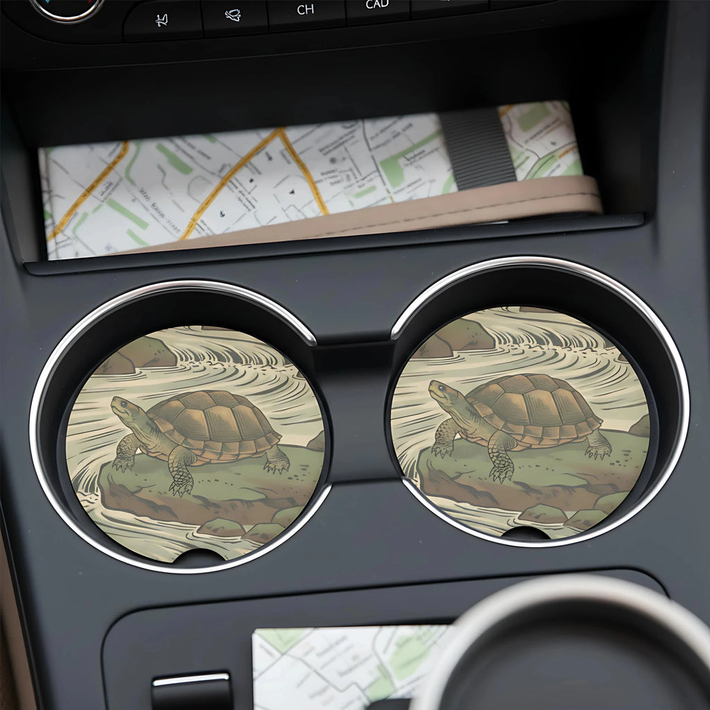 Turtle Illustration Car Coasters Set - Road Muse