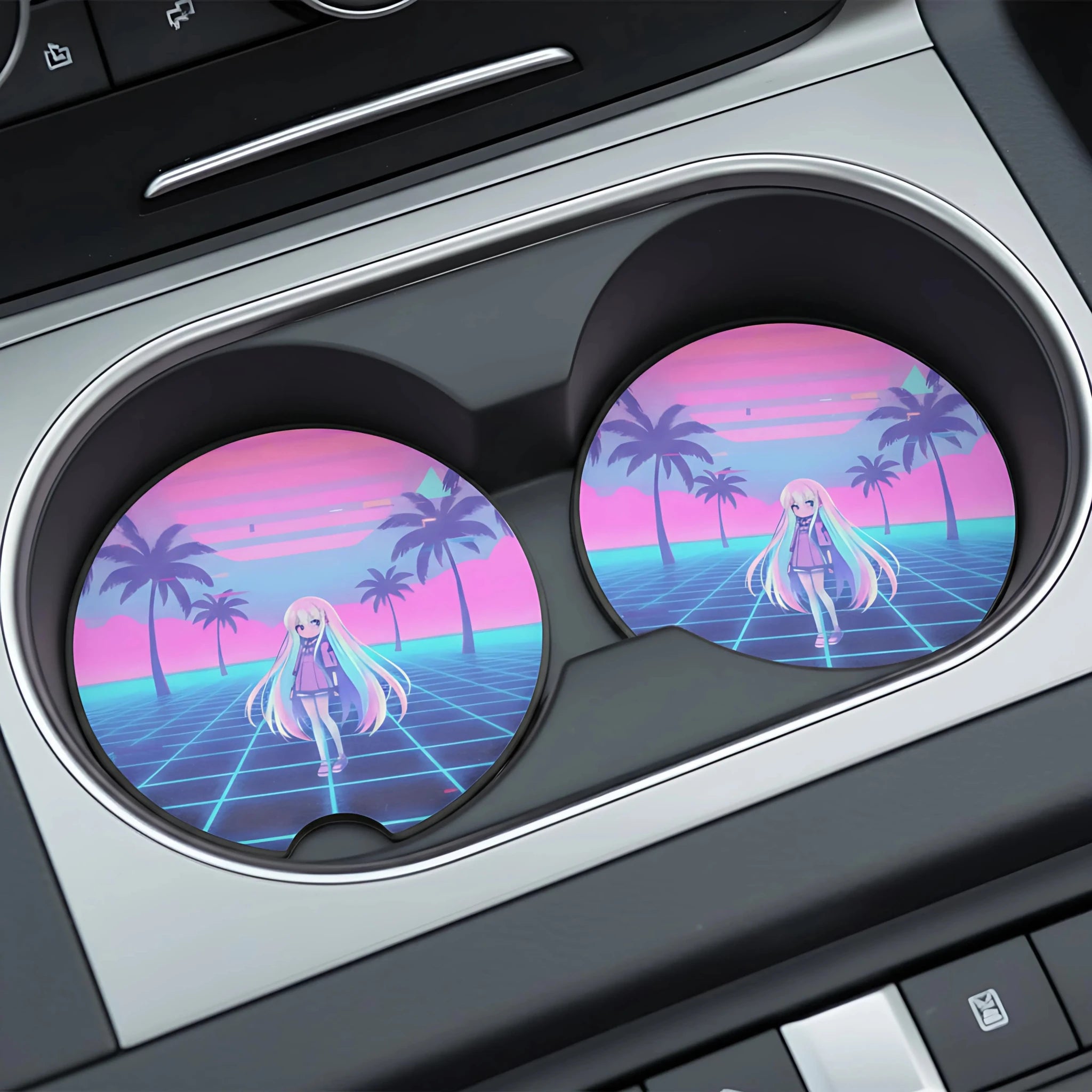 Vaporwave Anime Girl Retro Palm Grid Car Coasters Set - Road Muse