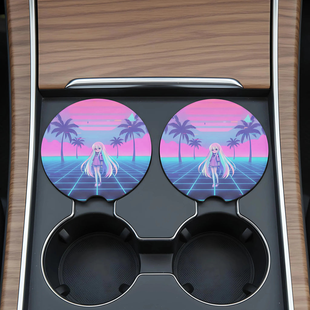 Vaporwave Anime Girl Retro Palm Grid Car Coasters Set - Road Muse