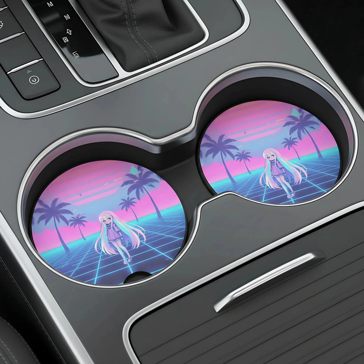 Vaporwave Anime Girl Retro Palm Grid Car Coasters Set - Road Muse