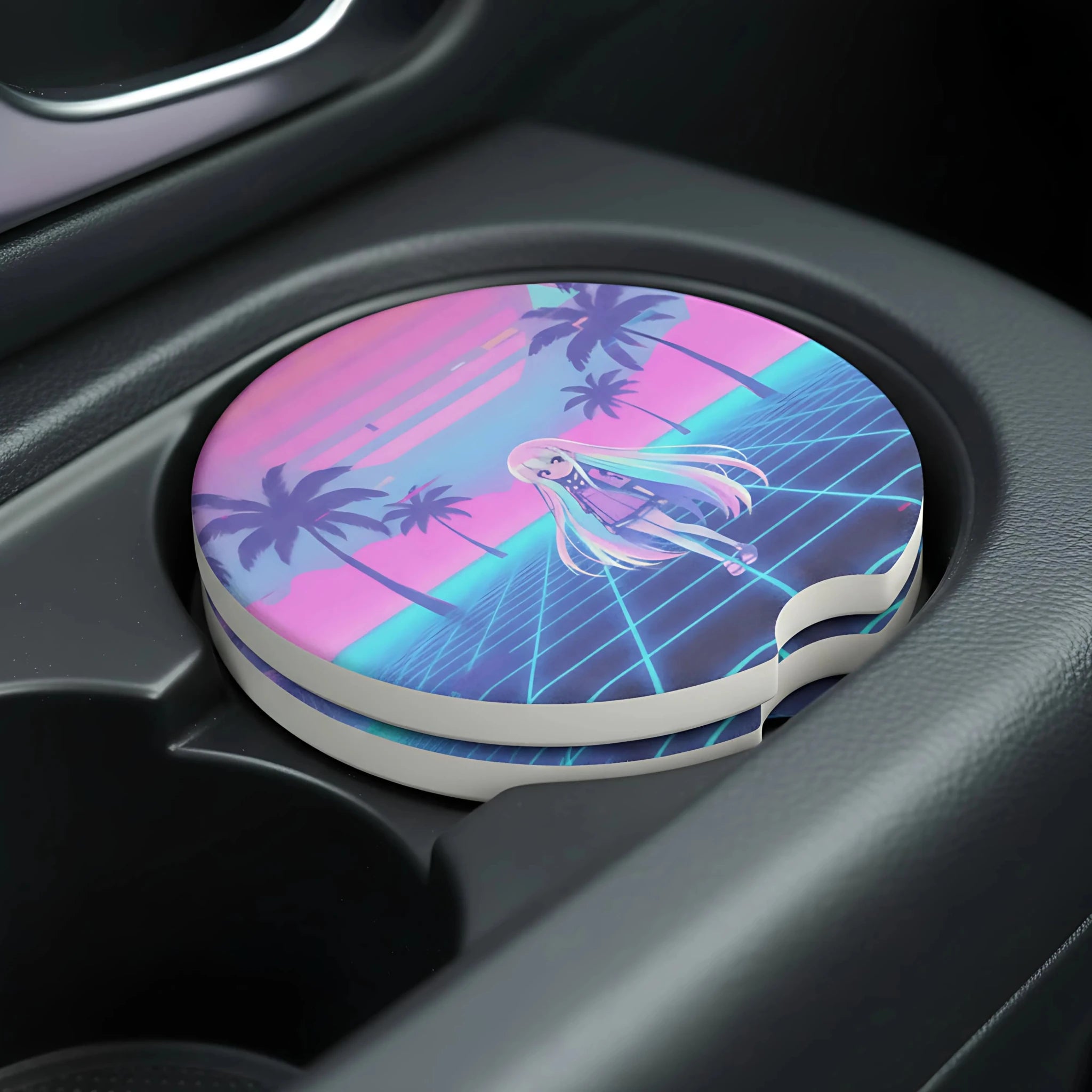 Vaporwave Anime Girl Retro Palm Grid Car Coasters Set - Road Muse